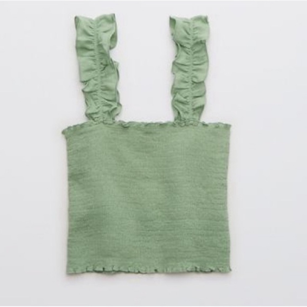 Aerie Jungle Thrills Green Smocked Crop Tank Lettuce Trim - Picture 6 of 6
